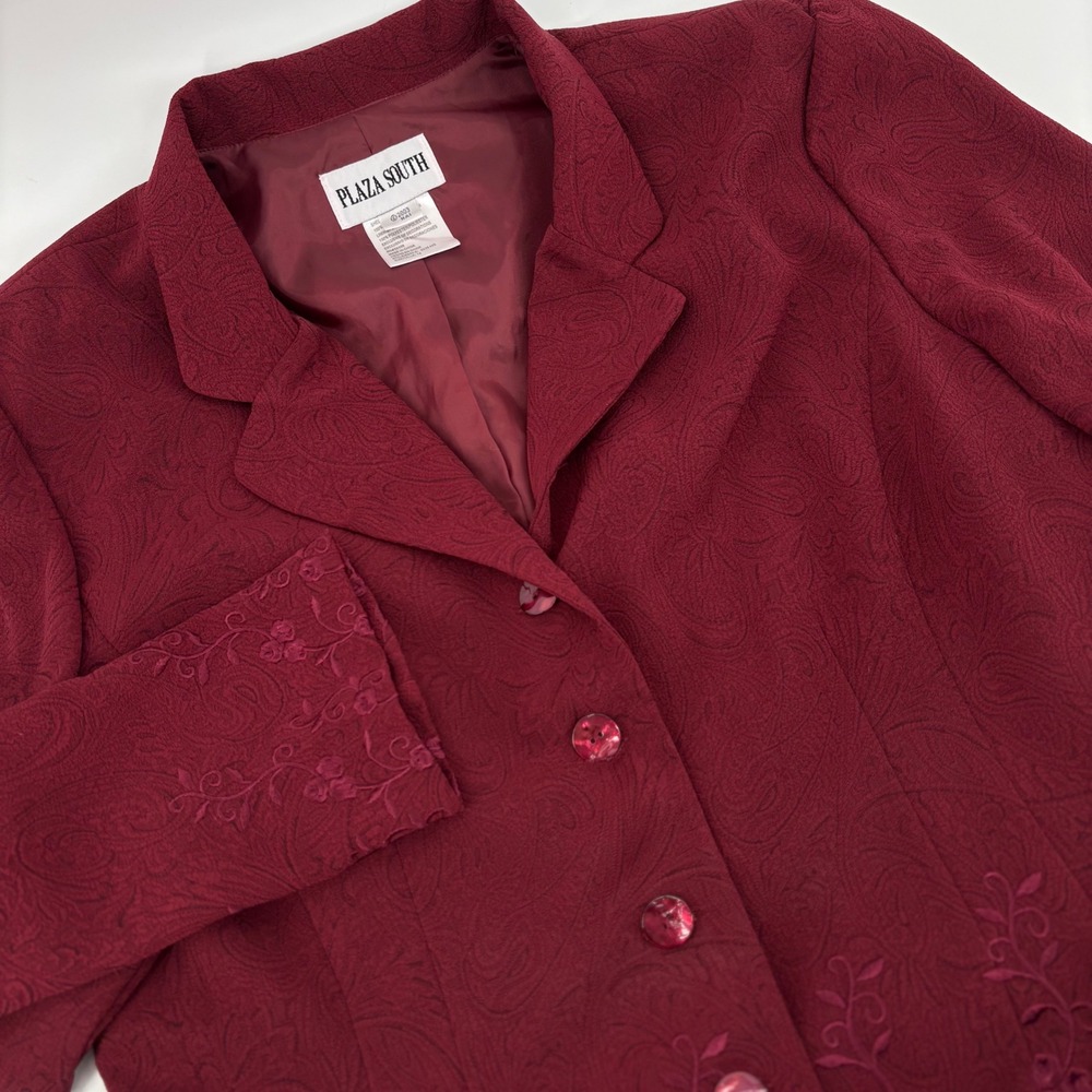 Plaza South Women 16 Burgundy Paisley Skirt Suit Set Embroidered Blazer 2 Piece